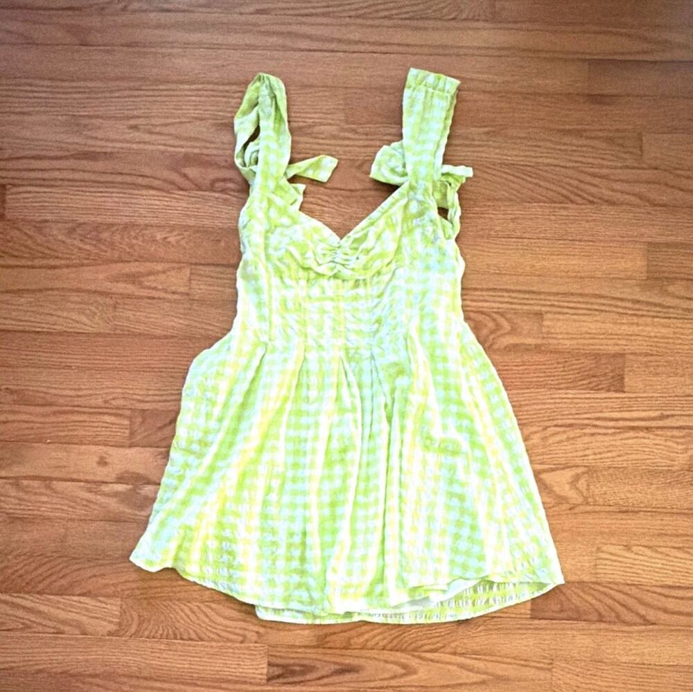 For Love & Lemons S Green/White Gingham Seersucker Smocked Tie Strap Mini Dress